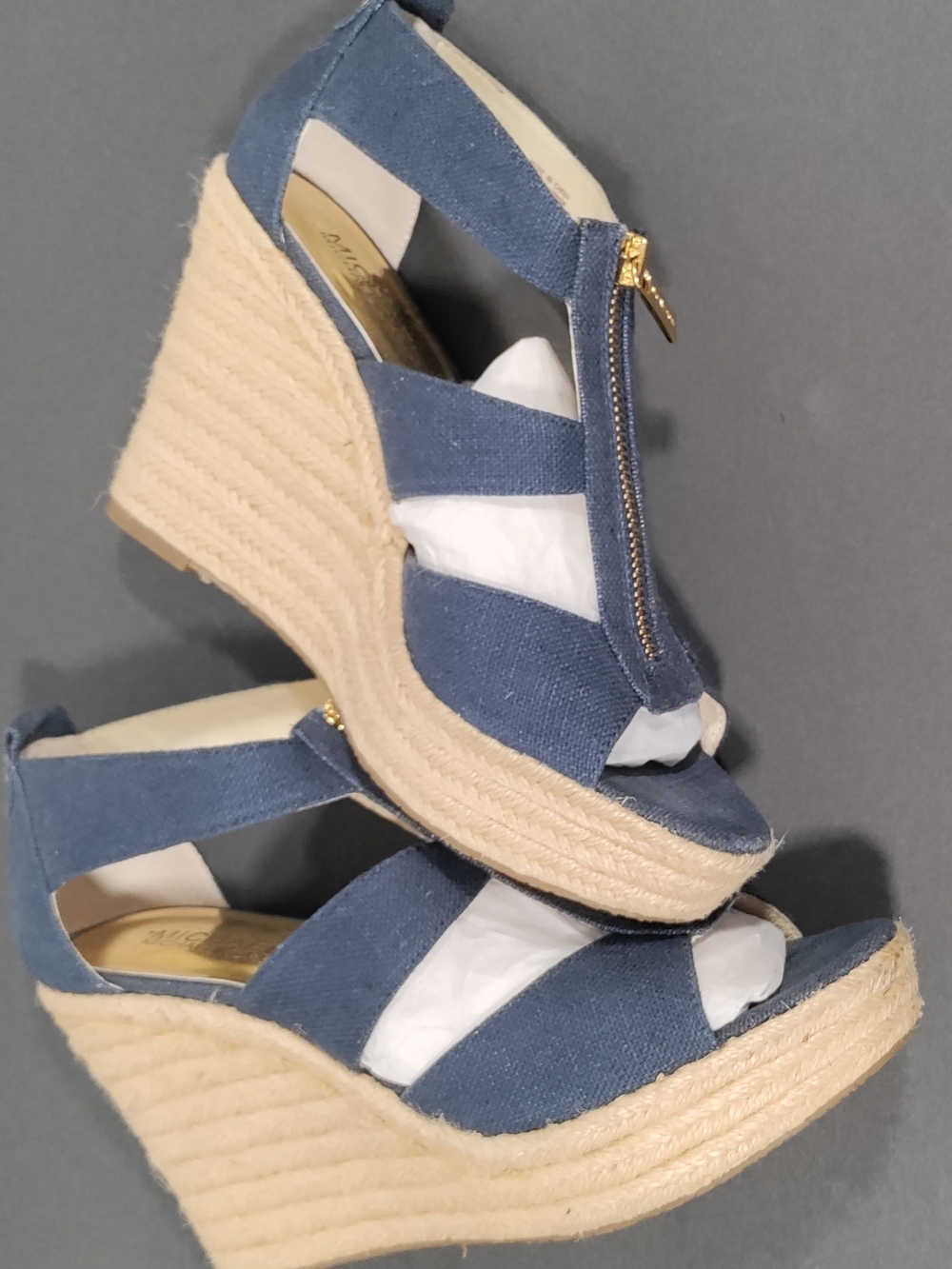 Michael Kors Berkley Navy Blue Canvas Espadrille Wedge Sandals Gold Zip-Size 7.5